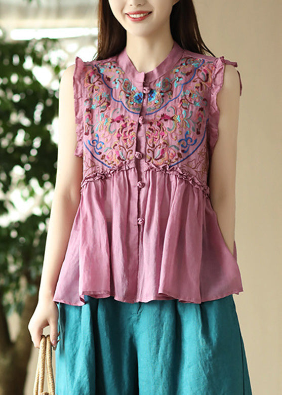 Art Pink Embroideried Floral Ramie Shirts Sleeveless