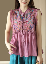 Art Pink Embroideried Floral Ramie Shirts Sleeveless