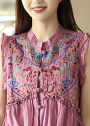 Art Pink Embroideried Floral Ramie Shirts Sleeveless