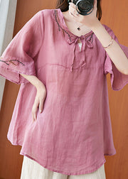 Art Pink Embroideried T Shirt Summer Half Sleeve