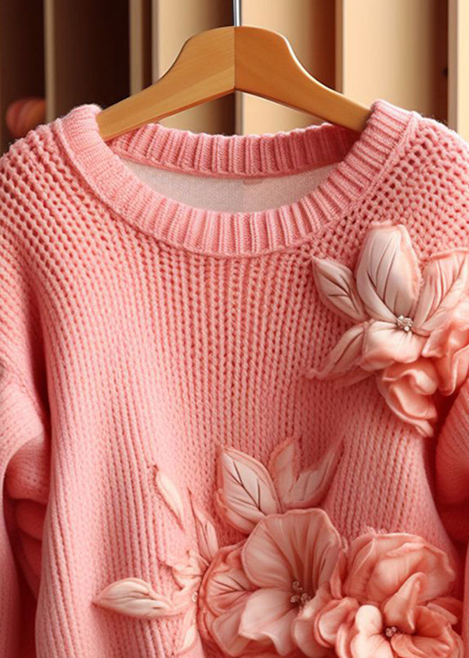 Art Pink Floral  Cozy Cotton Knit Sweaters Long Sleeve