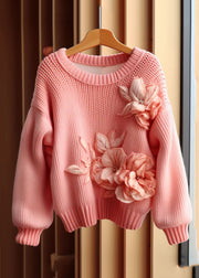 Art Pink Floral  Cozy Cotton Knit Sweaters Long Sleeve