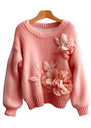 Art Pink Floral  Cozy Cotton Knit Sweaters Long Sleeve