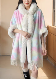 Art Pink Fur Collar Tasseled Warm Fleece Cape Coat Winter