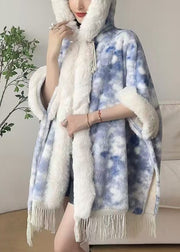 Art Pink Fur Collar Tasseled Warm Fleece Cape Coat Winter