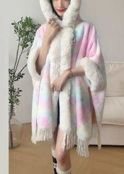 Art Pink Fur Collar Tasseled Warm Fleece Cape Coat Winter