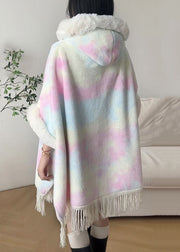 Art Pink Fur Collar Tasseled Warm Fleece Cape Coat Winter