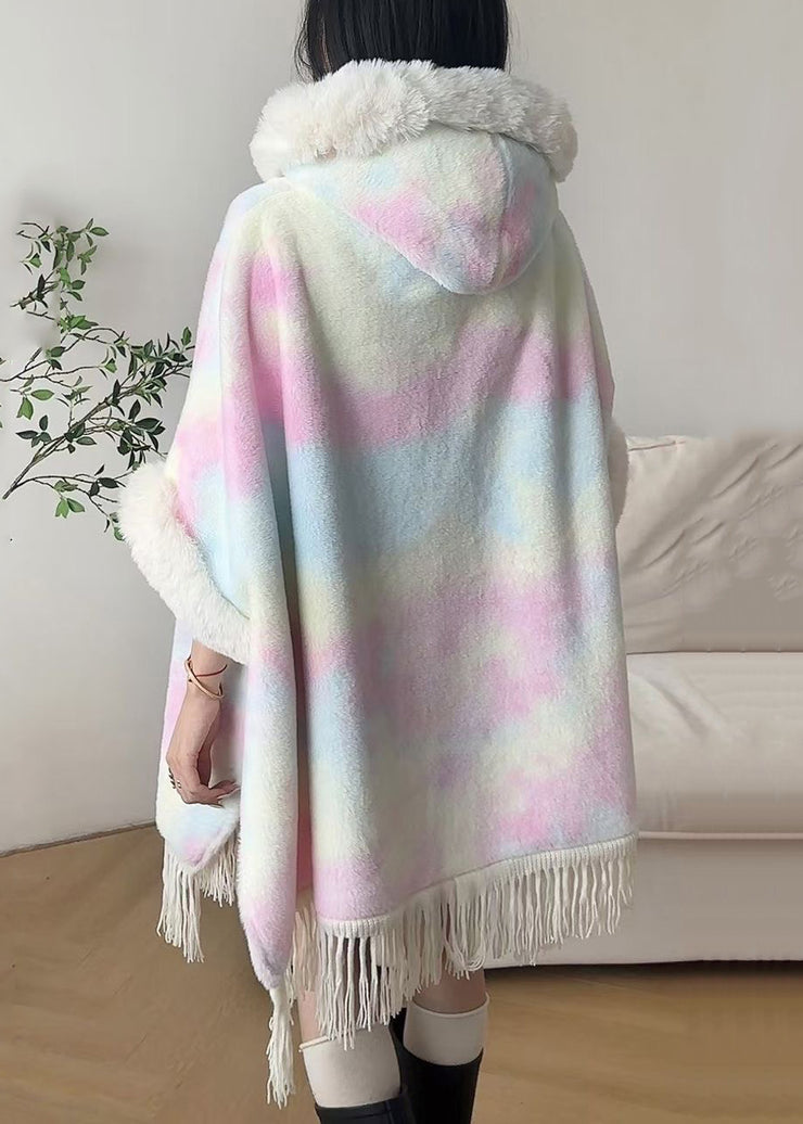 Art Pink Fur Collar Tasseled Warm Fleece Cape Coat Winter