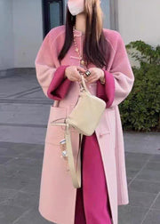 Art Pink Gradient Color Button Pockets Woolen Coat Winter