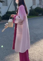 Art Pink Gradient Color Button Pockets Woolen Coat Winter