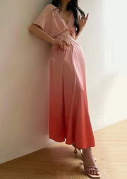 Art Pink Gradient Color V Neck High Waist Silk Maxi Dresses Summer