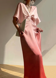 Art Pink Gradient Color V Neck High Waist Silk Maxi Dresses Summer