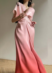 Art Pink Gradient Color V Neck High Waist Silk Maxi Dresses Summer