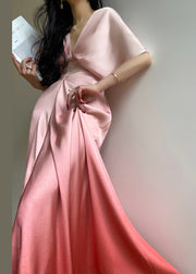 Art Pink Gradient Color V Neck High Waist Silk Maxi Dresses Summer