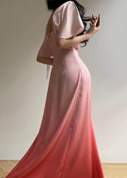 Art Pink Gradient Color V Neck High Waist Silk Maxi Dresses Summer