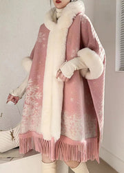 Art Pink Hooded Fur Collar Warm Fleece Cape Coats Batwing Sleeve