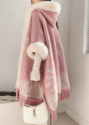 Art Pink Hooded Fur Collar Warm Fleece Cape Coats Batwing Sleeve