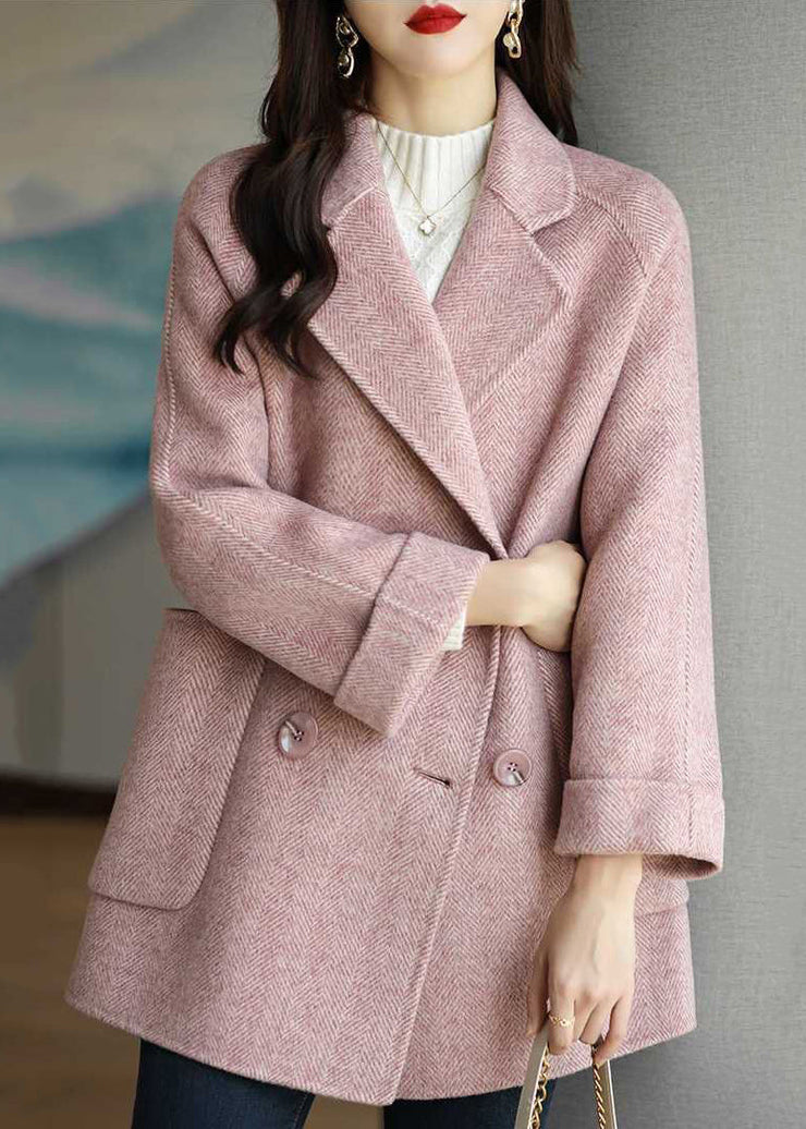 Art Pink Lapel Double Breast Thick Woolen Trench Fall