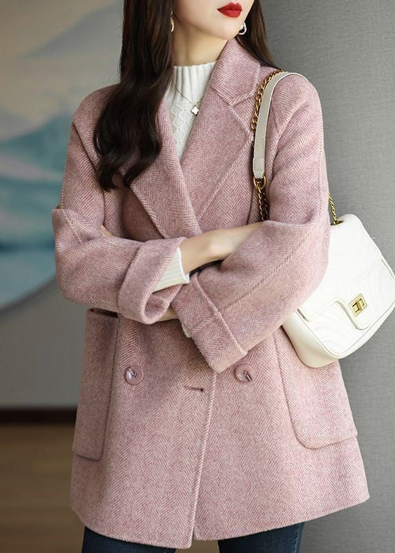 Art Pink Lapel Double Breast Thick Woolen Trench Fall