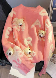 Art Pink O Neck Little Bear Cozy Knit Sweater Spring