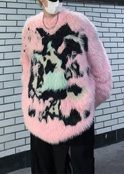 Art Pink O Neck Patchwork Mink Velvet Men Sweaters Winter