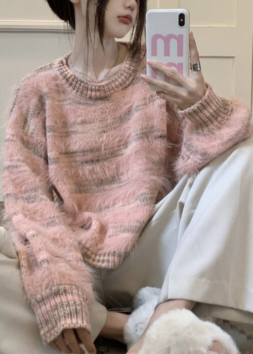 Art Pink O Neck Striped Mink Velvet Sweater Spring