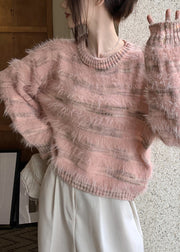 Art Pink O Neck Striped Mink Velvet Sweater Spring