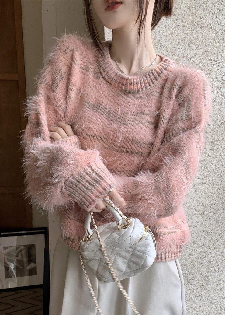 Art Pink O Neck Striped Mink Velvet Sweater Spring