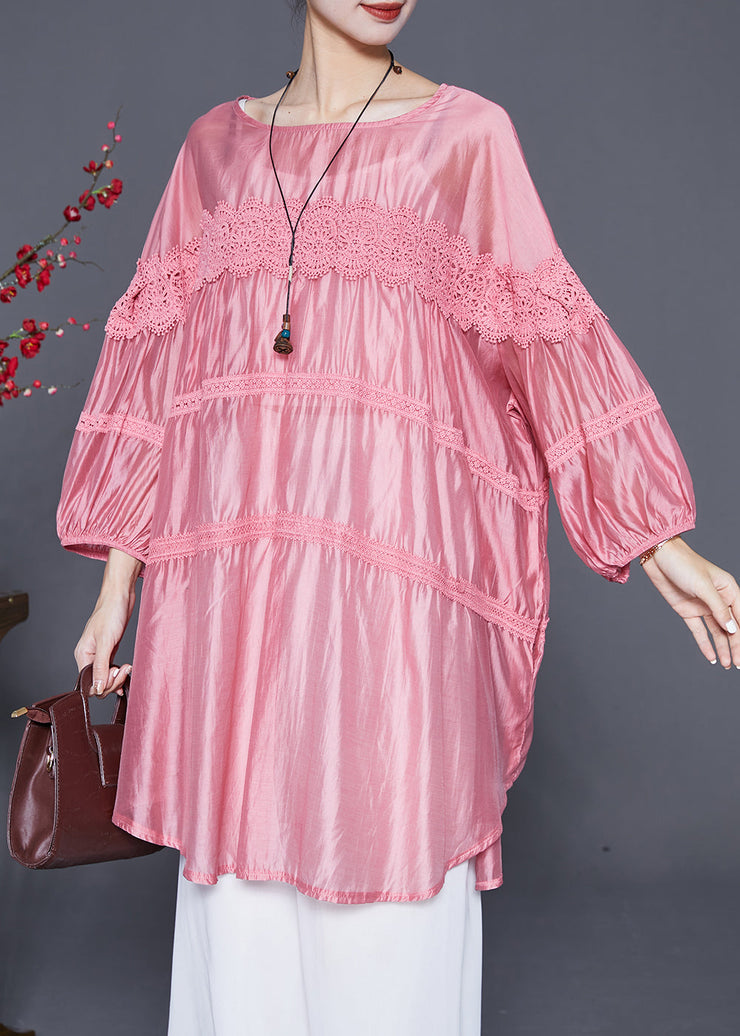 Art Pink Oversized Lace Patchwork Chiffon Vacation Dress Summer