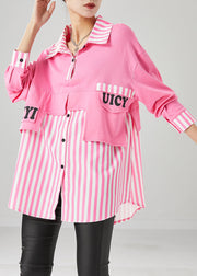 Art Pink Oversized Patchwork Striped Cotton Sweatshirts Top Fall