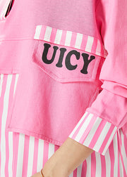 Art Pink Oversized Patchwork Striped Cotton Sweatshirts Top Fall