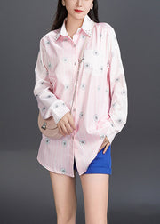 Art Pink Peter Pan Collar Print Cotton Shirt Fall