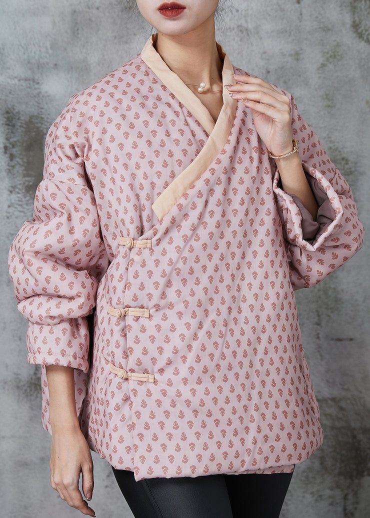 Art Pink Print Chinese Button Fine Cotton Filled Coat Spring