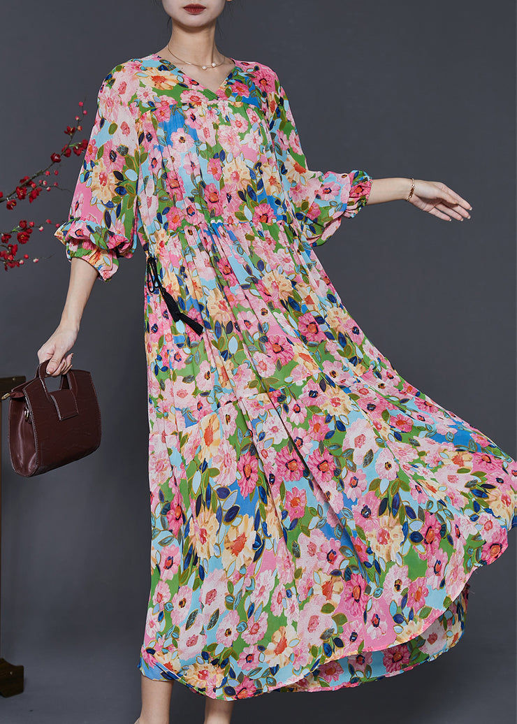 Art Pink Print Exra Large Hem Chiffon Cinched Dresses Spring