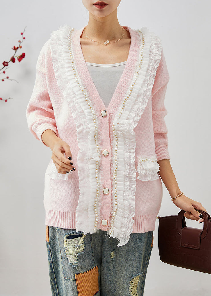 Art Pink Ruffled Patchwork Warm Knit Coats Fall