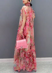 Art Pink Ruffled Print Patchwork Chiffon Two Piece Set Dresses Summer