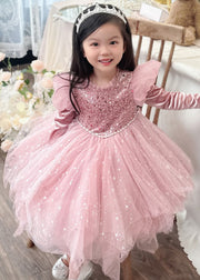 Art Pink Sequins Nail Bead Tulle Kids Maxi Dresses Puff Sleeve