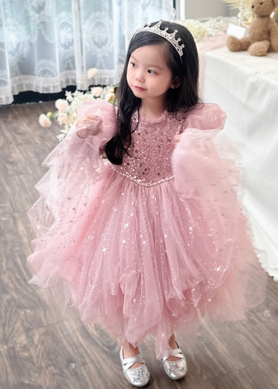 Art Pink Sequins Nail Bead Tulle Kids Maxi Dresses Puff Sleeve