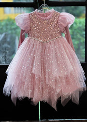 Art Pink Sequins Nail Bead Tulle Kids Maxi Dresses Puff Sleeve