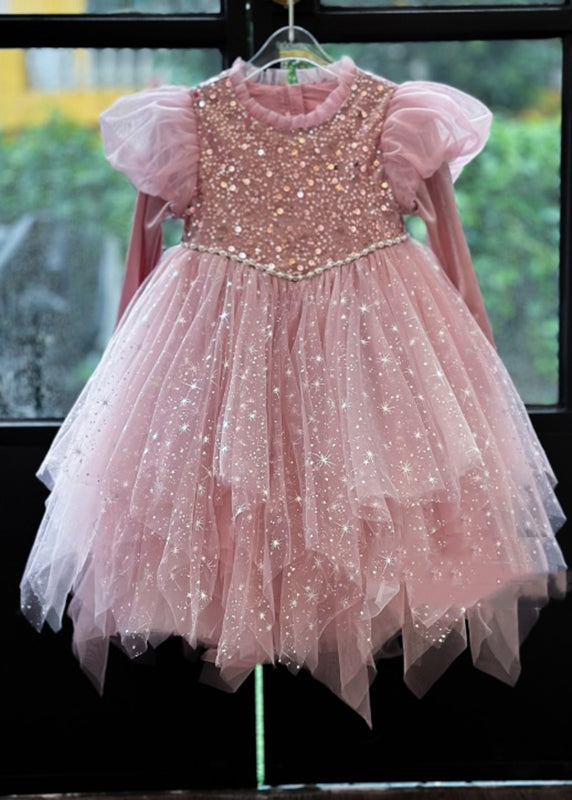 Art Pink Sequins Nail Bead Tulle Kids Maxi Dresses Puff Sleeve