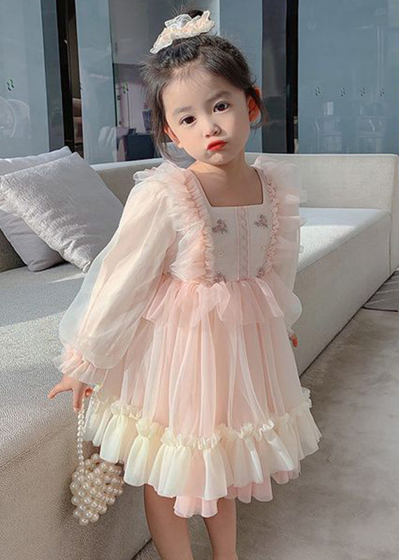 Art Pink Square Collar Embroideried Tulle Girls Long Dresses Long Sleeve
