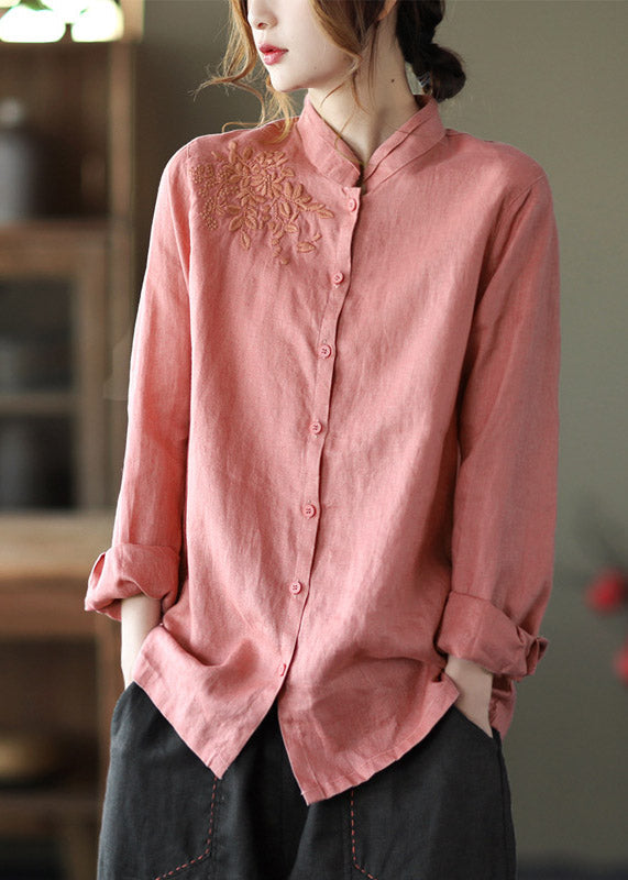 Art Pink Stand Collar Embroideried Button Linen Shirts Long Sleeve