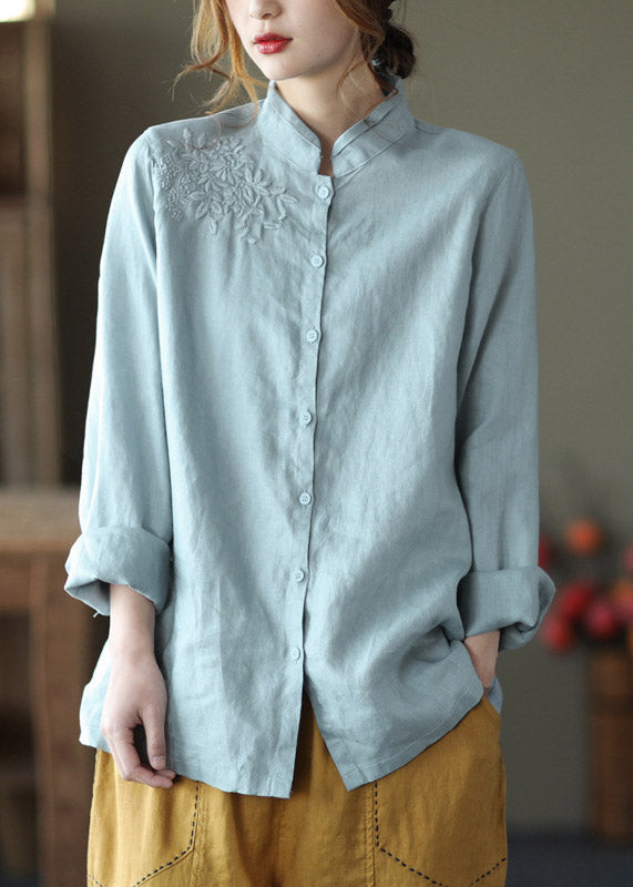 Art Pink Stand Collar Embroideried Button Linen Shirts Long Sleeve