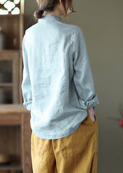 Art Pink Stand Collar Embroideried Button Linen Shirts Long Sleeve