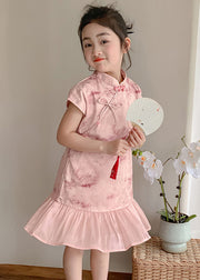 Art Pink Stand Collar Print Patchwork Kids Maxi Dress Short Sleeve