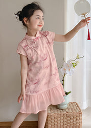 Art Pink Stand Collar Print Patchwork Kids Maxi Dress Short Sleeve