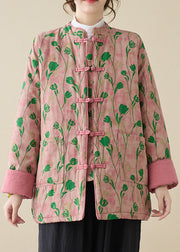 Art Pink Stand Collar Print Pockets Cotton Filled Parka Winter