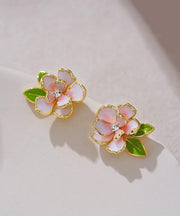 Art Pink Sterling Silver Overgild Zircon Enamel Camellia Flower Stud Earrings