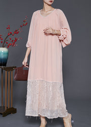 Art Pink Tasseled Patchwork Chiffon Ankle Dress Spring