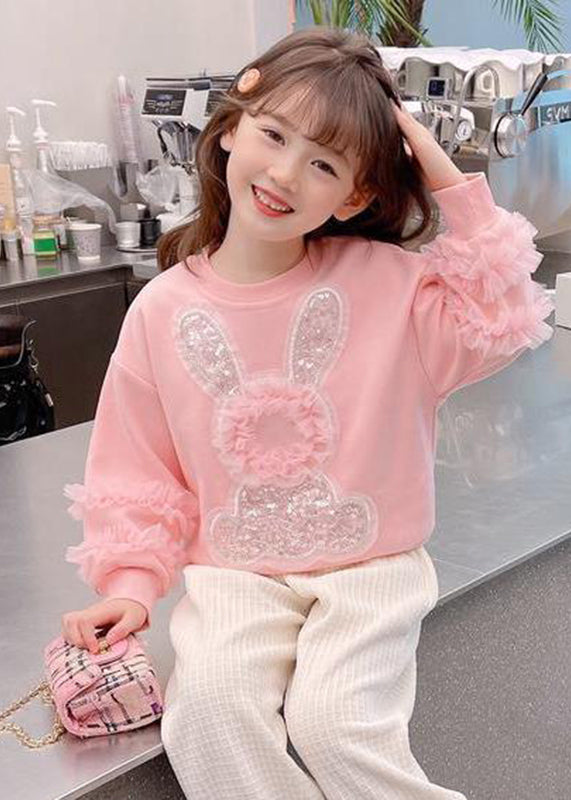 Art Pink Tulle Patchwork Little Rabbit Sequins Kids Sweatshirts Top Fall